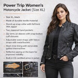 Power Trip Womens Motorcycle Jacket Armored Padded Black Sz XL Removable Liner